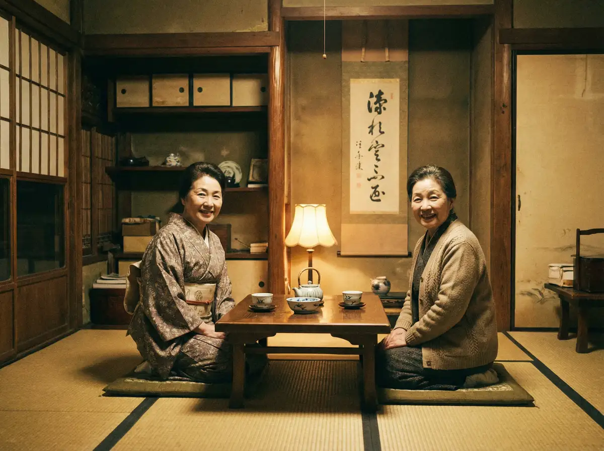 两位优雅的 情侣开房 在日式茶室中品茶交谈